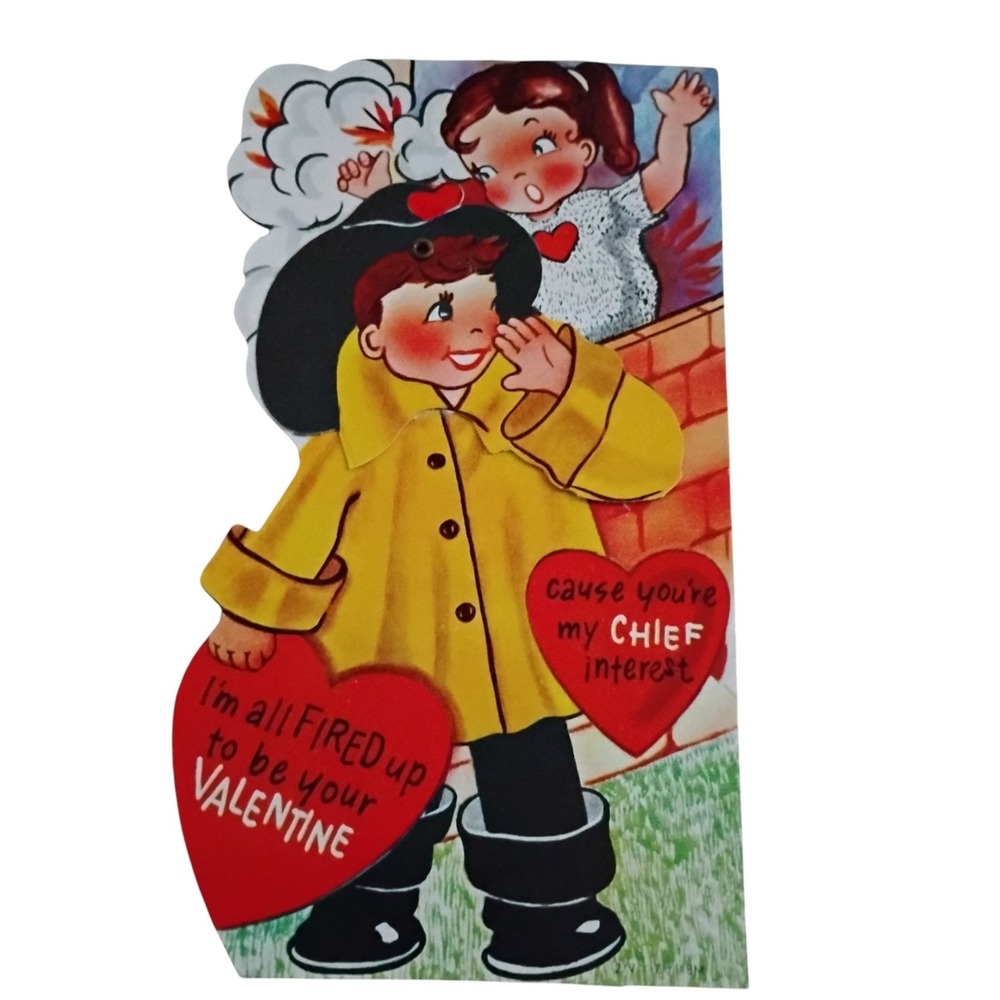 Vintage 1950s Mechanical Valentine Card Fireman Die Cut Mid Century Ephemera 8in